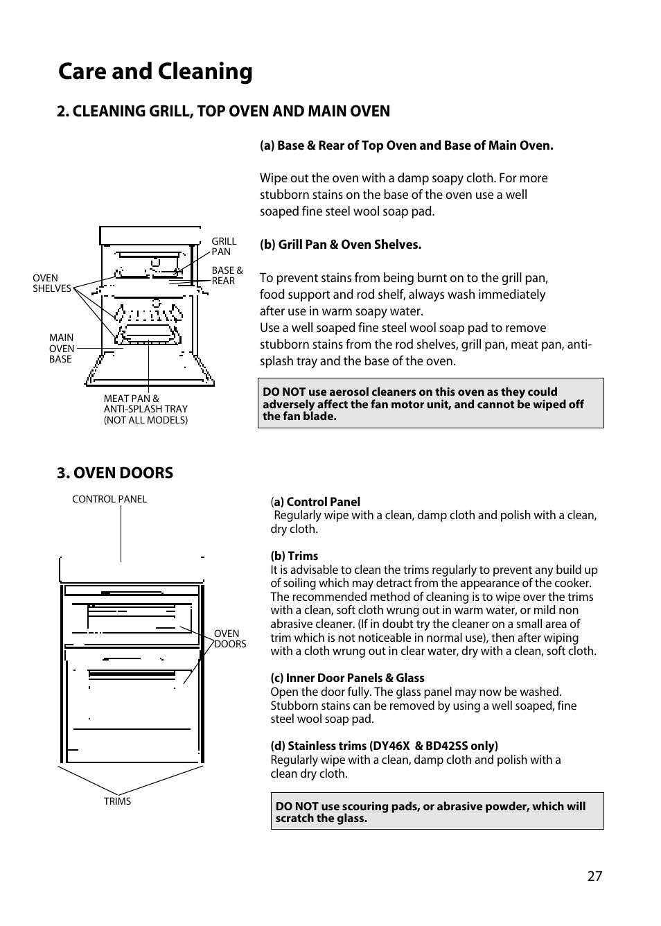 Care and cleaning, Cleaning grill, top oven and main oven, Oven doors | Hotpoint DY46 BD42 BD32 User Manual | Page 27 / 40