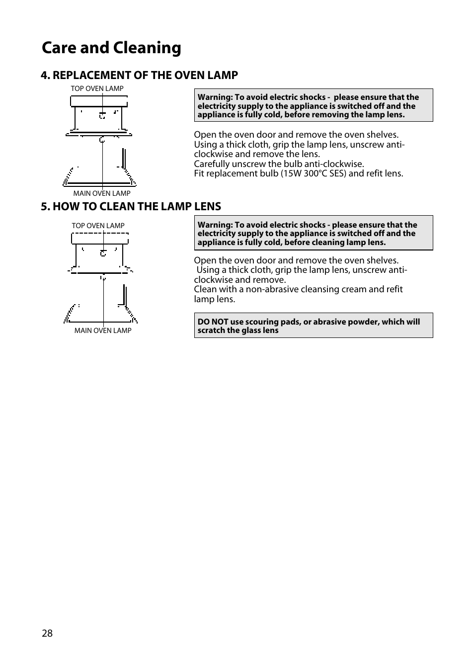 Care and cleaning, Replacement of the oven lamp, How to clean the lamp lens | Hotpoint DY46 BD42 BD32 User Manual | Page 28 / 40