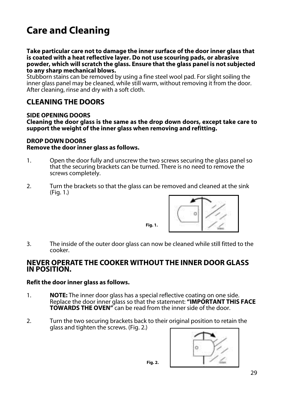 Care and cleaning, Cleaning the doors | Hotpoint DY46 BD42 BD32 User Manual | Page 29 / 40