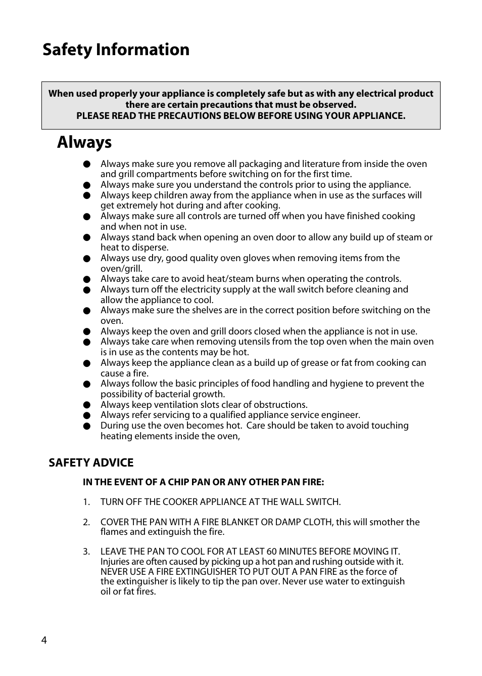 Always, Safety information | Hotpoint DY46 BD42 BD32 User Manual | Page 4 / 40