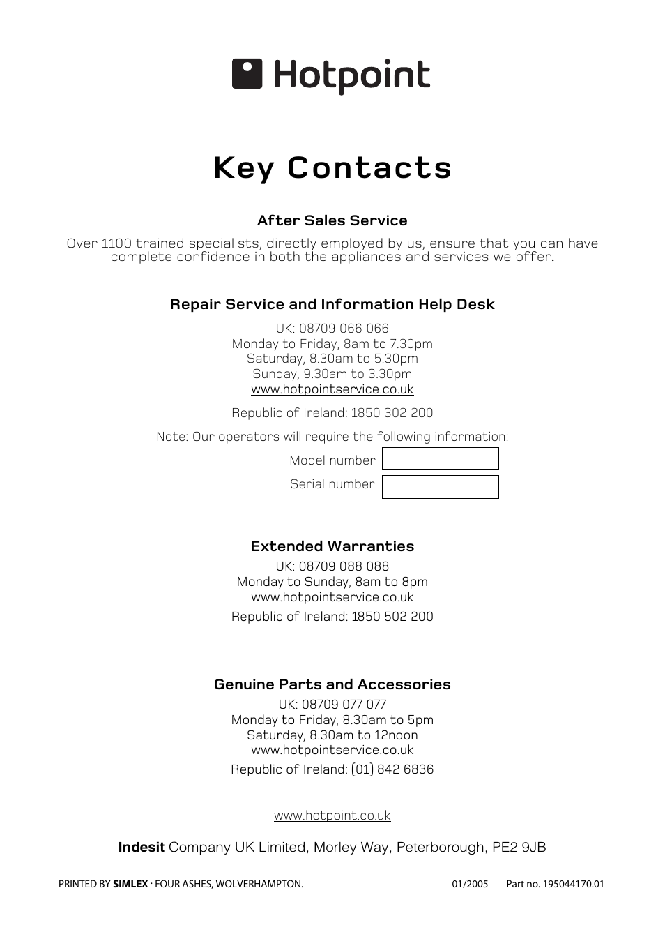 Key contacts | Hotpoint DY46 BD42 BD32 User Manual | Page 40 / 40