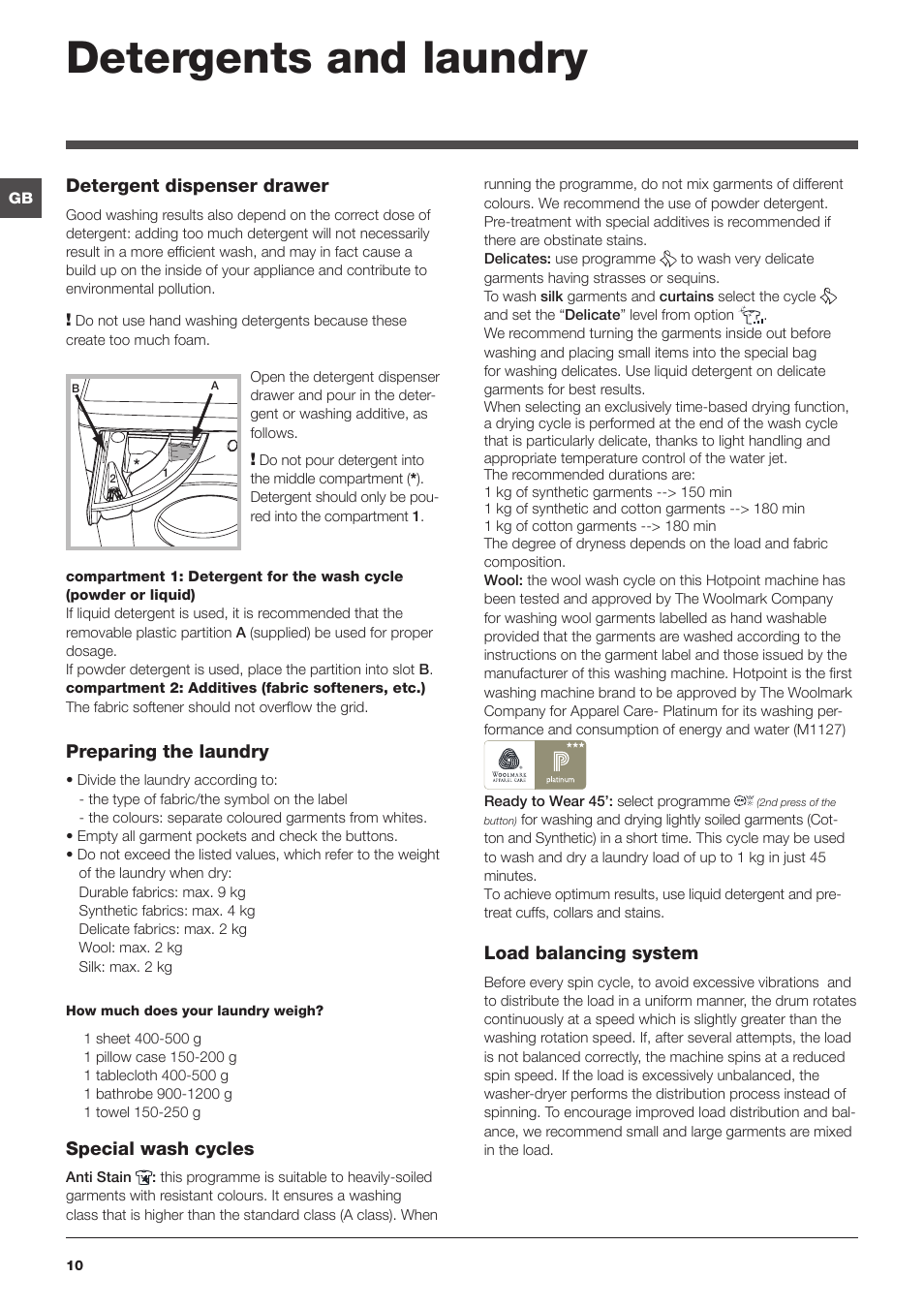 Detergents and laundry | Hotpoint WASHER-DRYER WDUD User Manual | Page 10 / 16