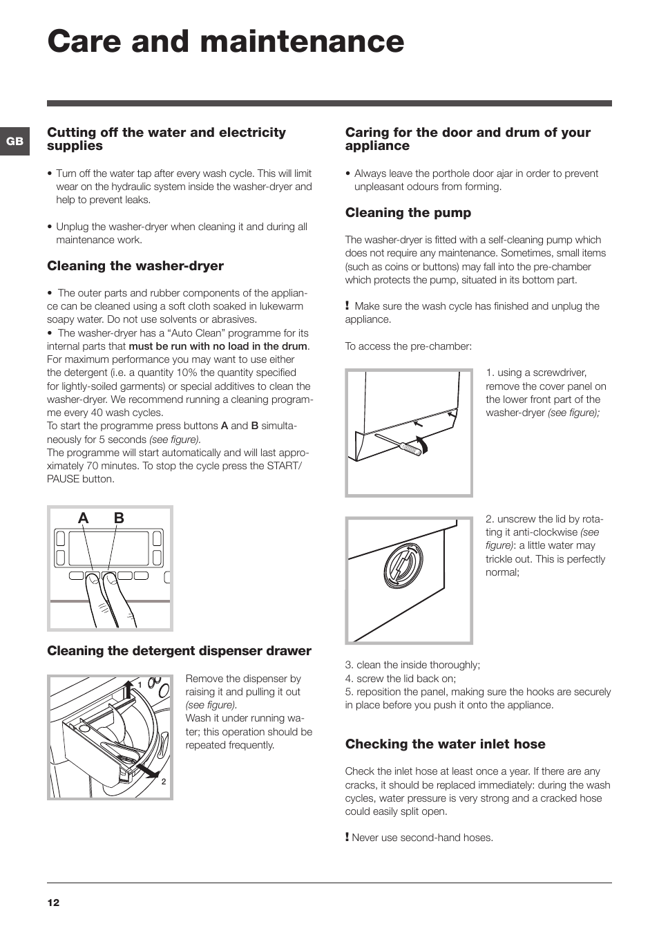 Care and maintenance | Hotpoint WASHER-DRYER WDUD User Manual | Page 12 / 16