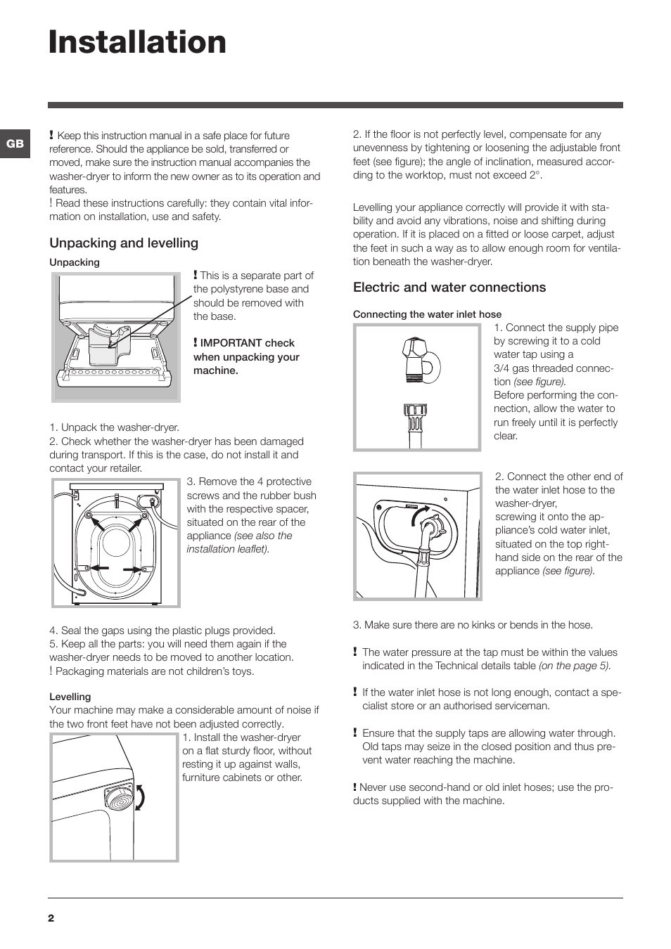Installation | Hotpoint WASHER-DRYER WDUD User Manual | Page 2 / 16
