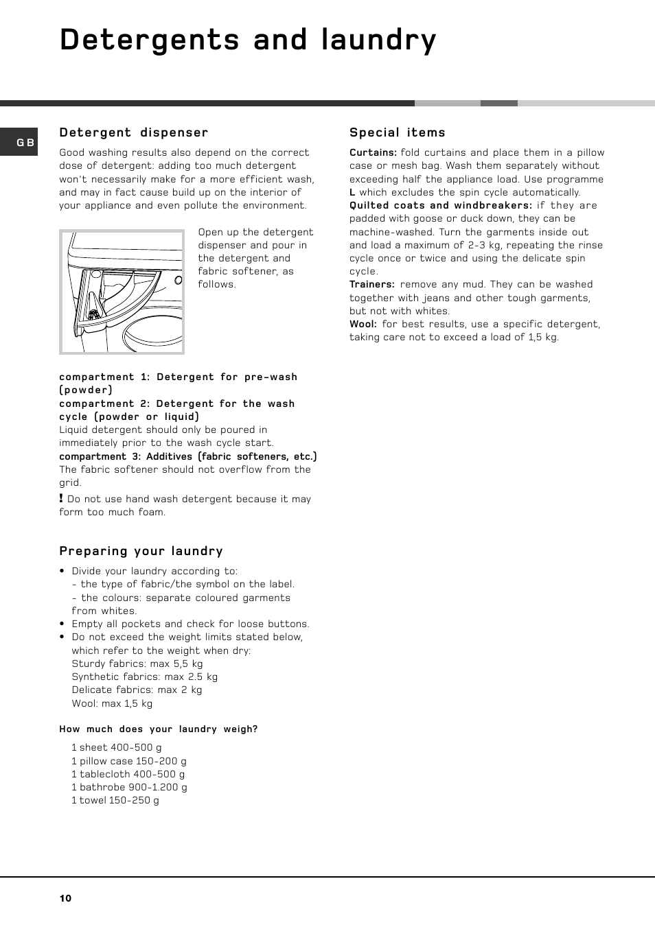 Detergents and laundry, Detergent dispenser, Preparing your laundry | Special items | Hotpoint hvl 211 User Manual | Page 10 / 16