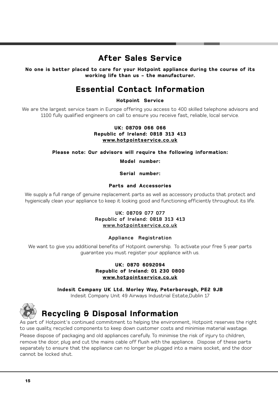 After sales service, Essential contact information, Recycling & disposal information | Hotpoint hvl 211 User Manual | Page 15 / 16