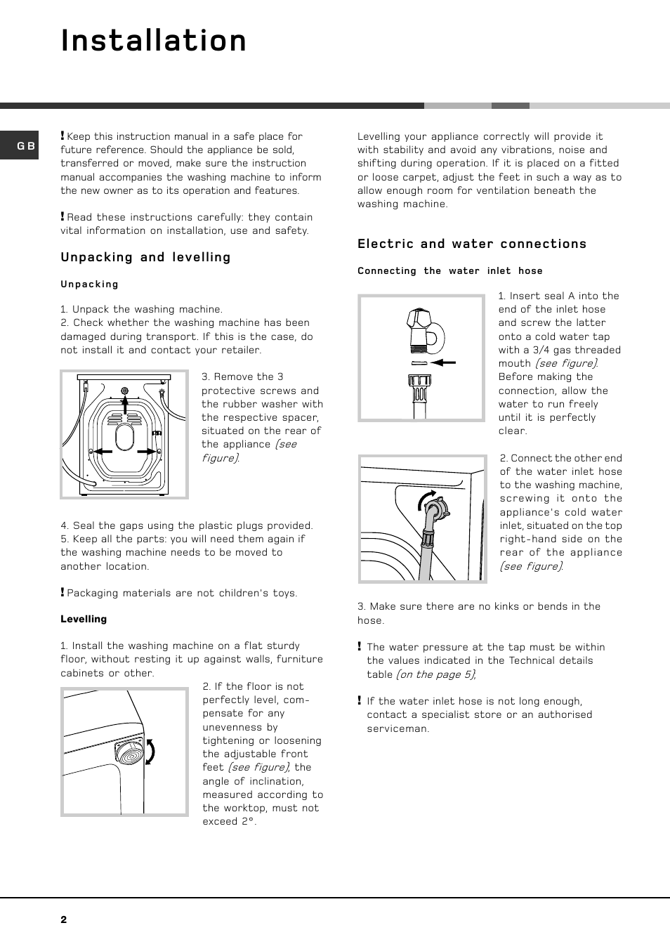 Installation, Unpacking and levelling, Electric and water connections | Hotpoint hvl 211 User Manual | Page 2 / 16