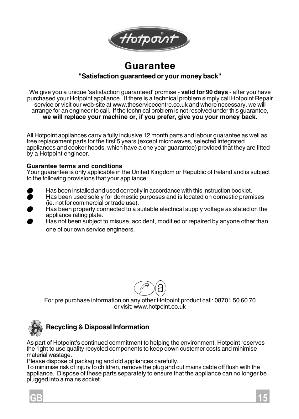 Gb 15, Guarantee | Hotpoint HX901X User Manual | Page 15 / 16
