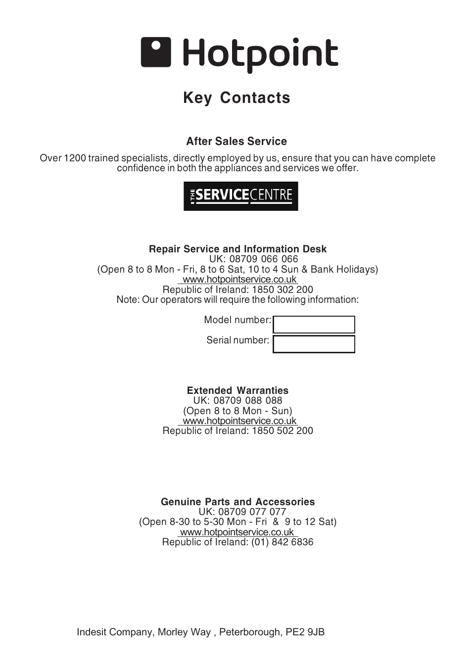 Key contacts | Hotpoint LI2JEA User Manual | Page 12 / 12