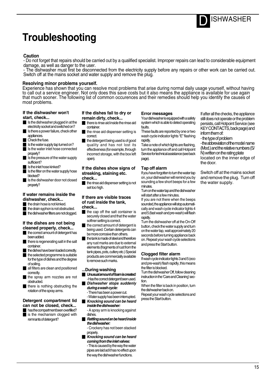 Troubleshooting, Ishwasher | Hotpoint DWM55 User Manual | Page 15 / 20