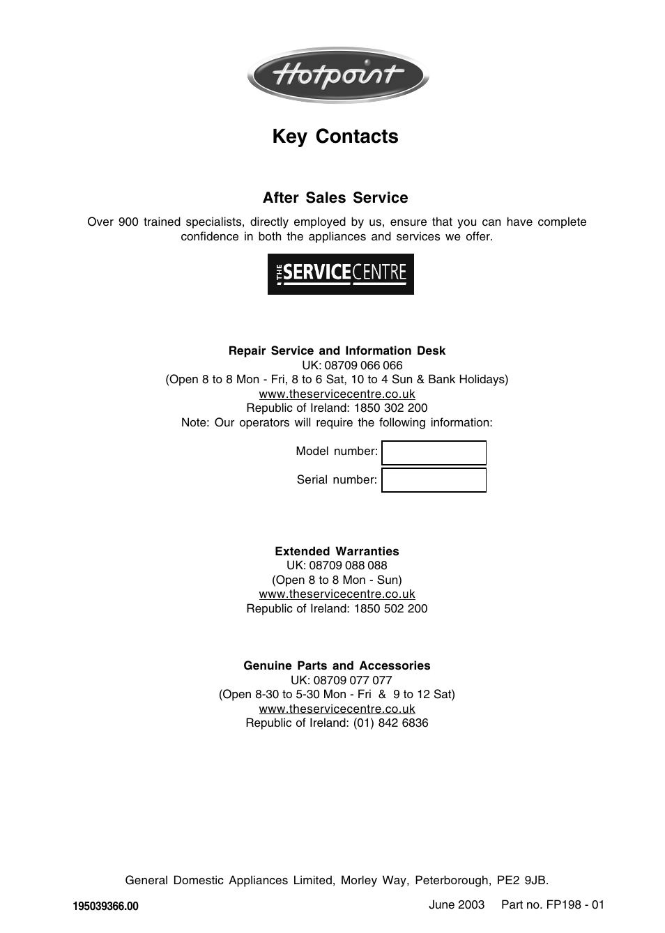 Key contacts | Hotpoint DWM55 User Manual | Page 20 / 20
