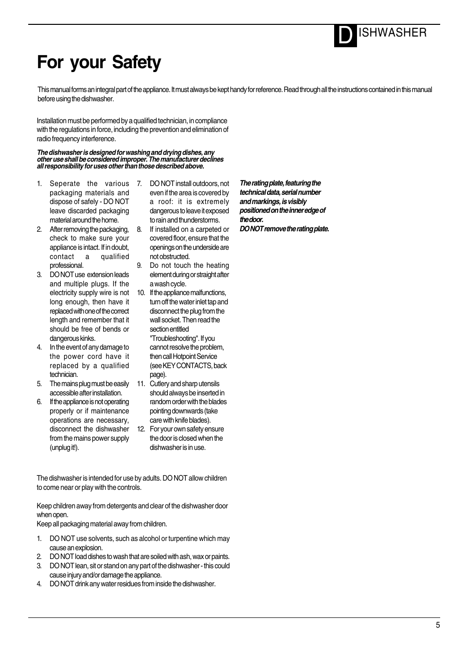 For your safety, Ishwasher | Hotpoint DWM55 User Manual | Page 5 / 20