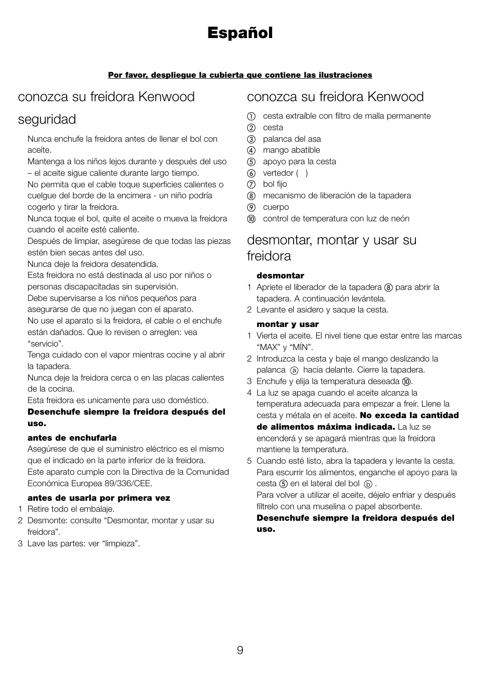 Español, Conozca su freidora kenwood seguridad, Conozca su freidora kenwood | Desmontar, montar y usar su freidora | Kenwood DF310 series User Manual | Page 12 / 42