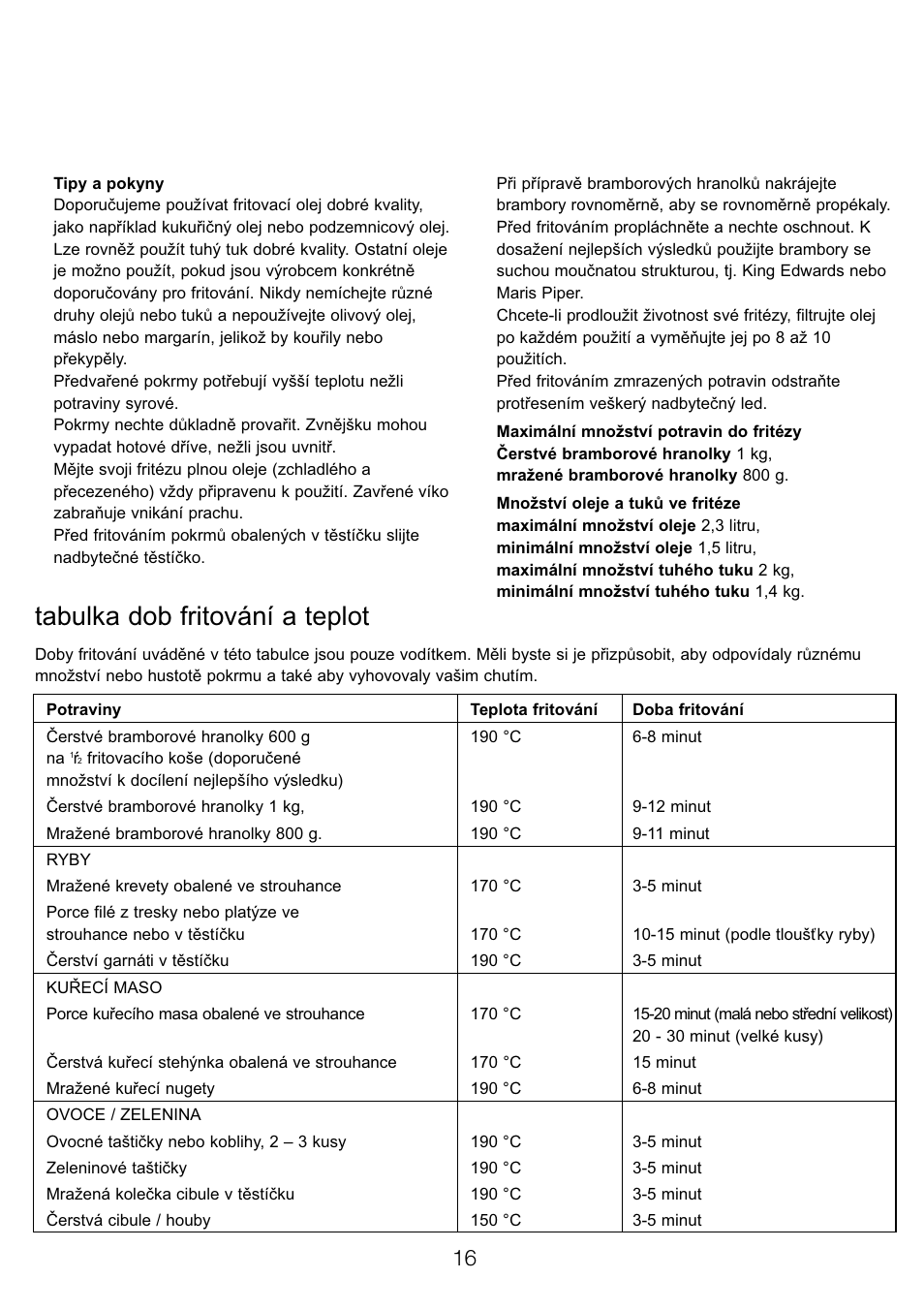 Tabulka dob fritování a teplot | Kenwood DF310 series User Manual | Page 19 / 42