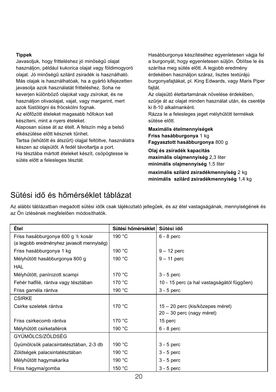 Sütési idő és hőmérséklet táblázat | Kenwood DF310 series User Manual | Page 23 / 42