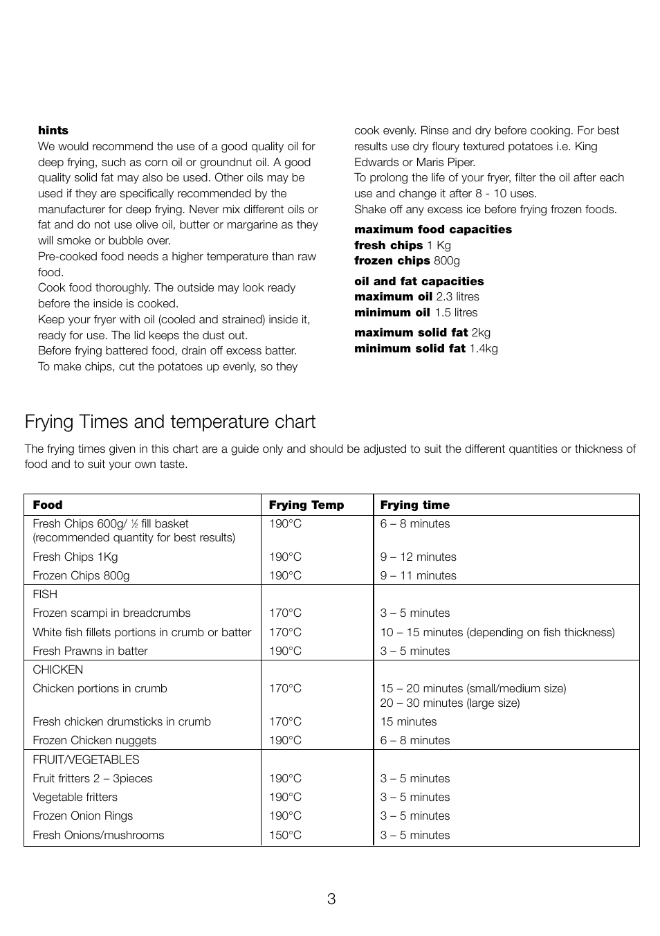 Frying times and temperature chart | Kenwood DF310 series User Manual | Page 6 / 42