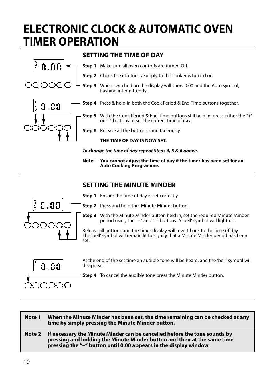 Electronic clock & automatic oven timer operation, Setting the time of day, Setting the minute minder | Hotpoint BU82 BU72 BU71 User Manual | Page 10 / 40