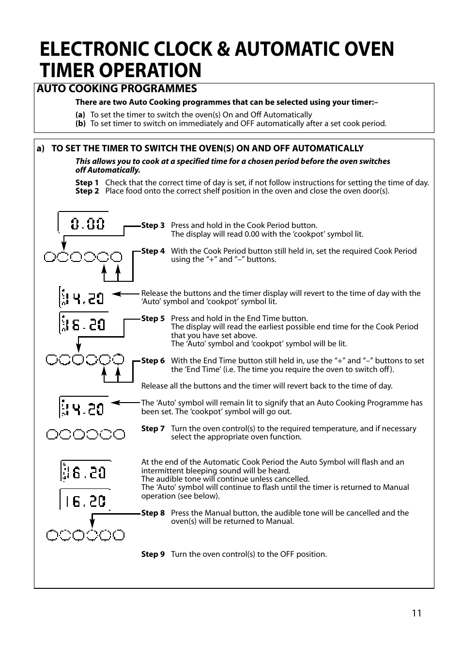 Electronic clock & automatic oven timer operation, Auto cooking programmes | Hotpoint BU82 BU72 BU71 User Manual | Page 11 / 40