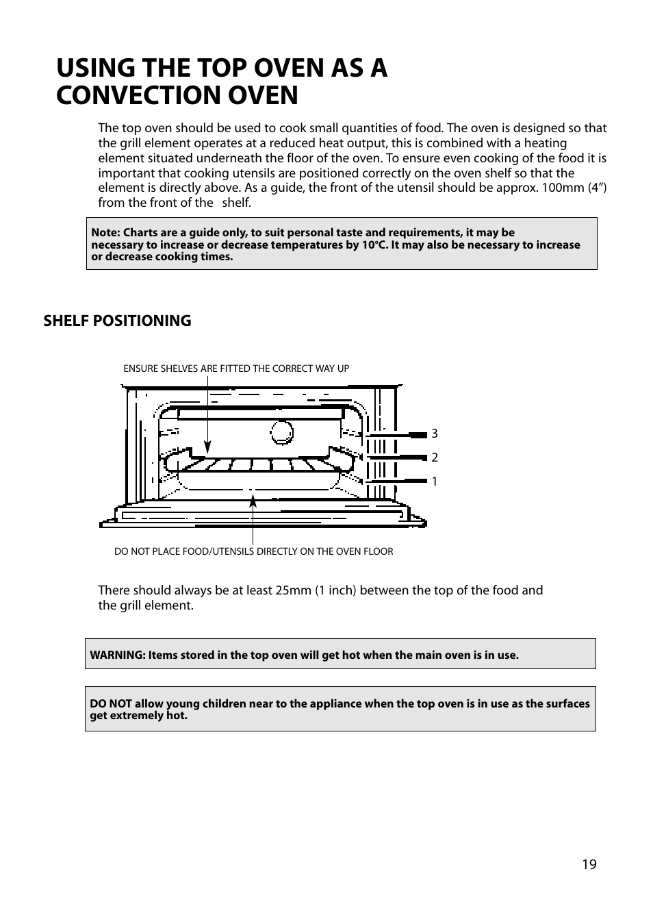 Using the top oven as a convection oven, Shelf positioning | Hotpoint BU82 BU72 BU71 User Manual | Page 19 / 40