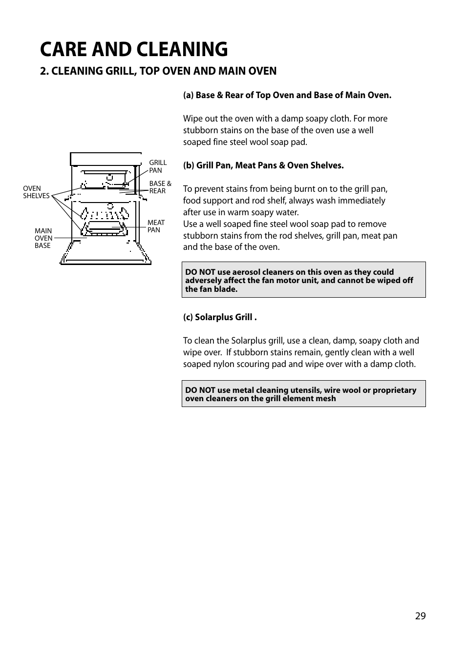 Care and cleaning, Cleaning grill, top oven and main oven | Hotpoint BU82 BU72 BU71 User Manual | Page 29 / 40