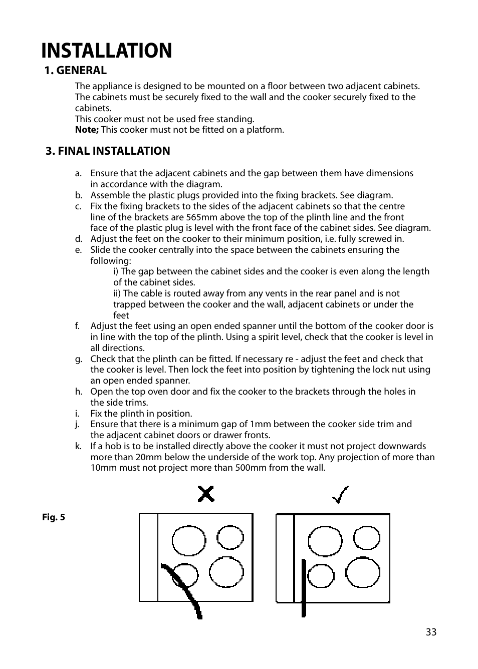 Installation | Hotpoint BU82 BU72 BU71 User Manual | Page 33 / 40