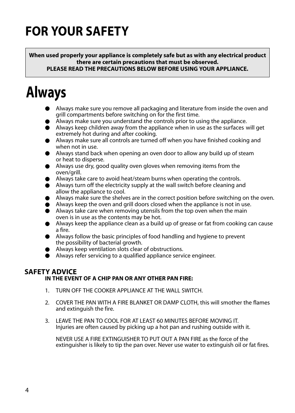 Always, For your safety | Hotpoint BU82 BU72 BU71 User Manual | Page 4 / 40