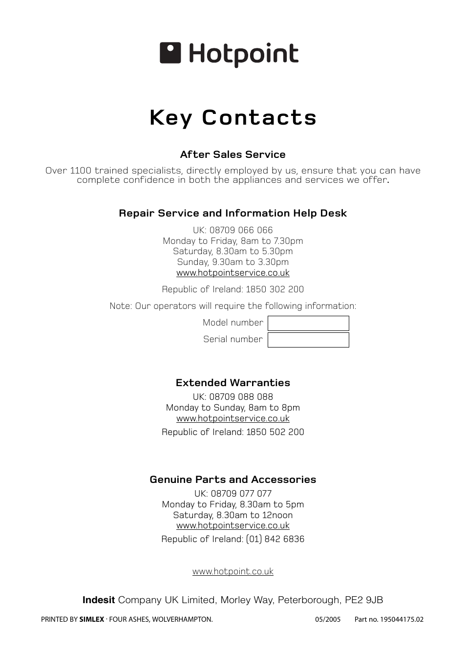 Key contacts | Hotpoint BU82 BU72 BU71 User Manual | Page 40 / 40