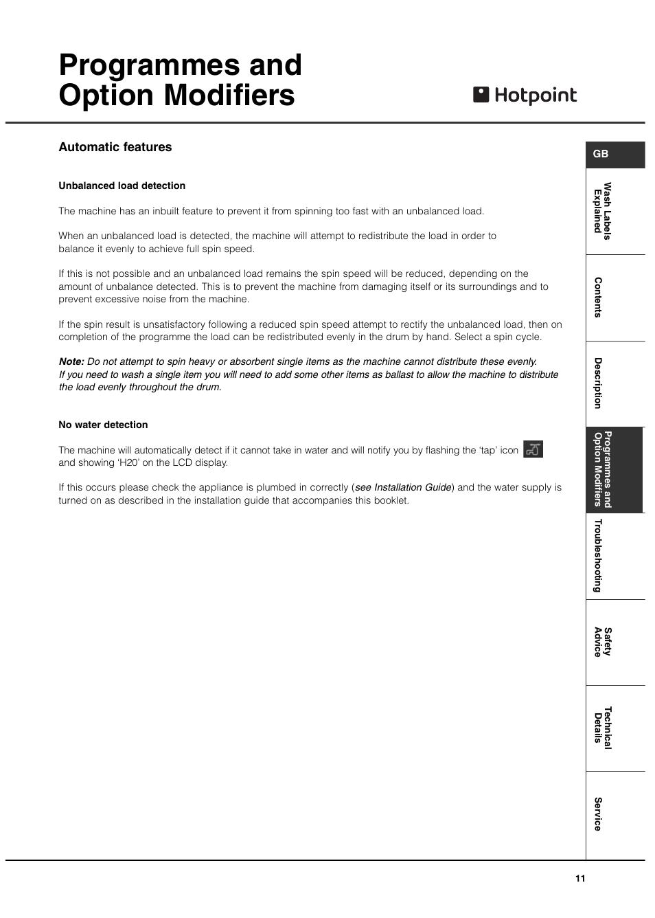 Programmes and option modifiers, Automatic features | Hotpoint 7kg Ultima User Manual | Page 11 / 16