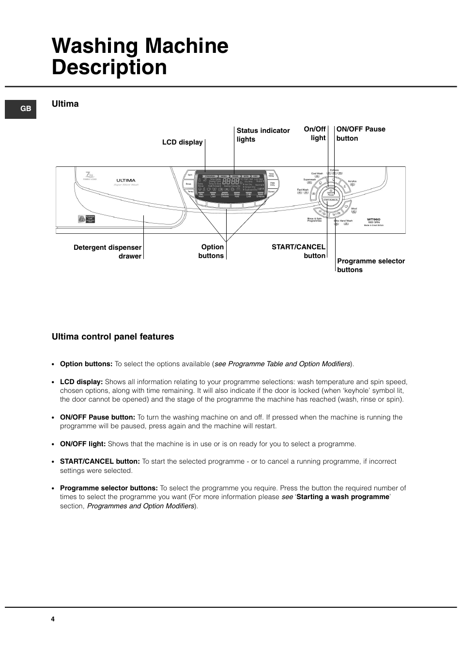 Washing machine description, Ultima ultima control panel features | Hotpoint 7kg Ultima User Manual | Page 4 / 16