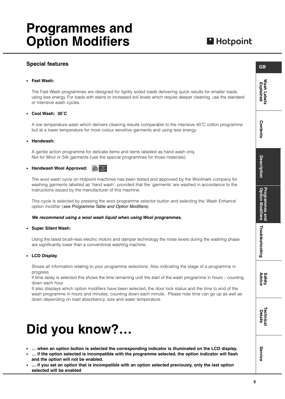 Programmes and option modifiers, Did you know, Special features | Hotpoint 7kg Ultima User Manual | Page 5 / 16