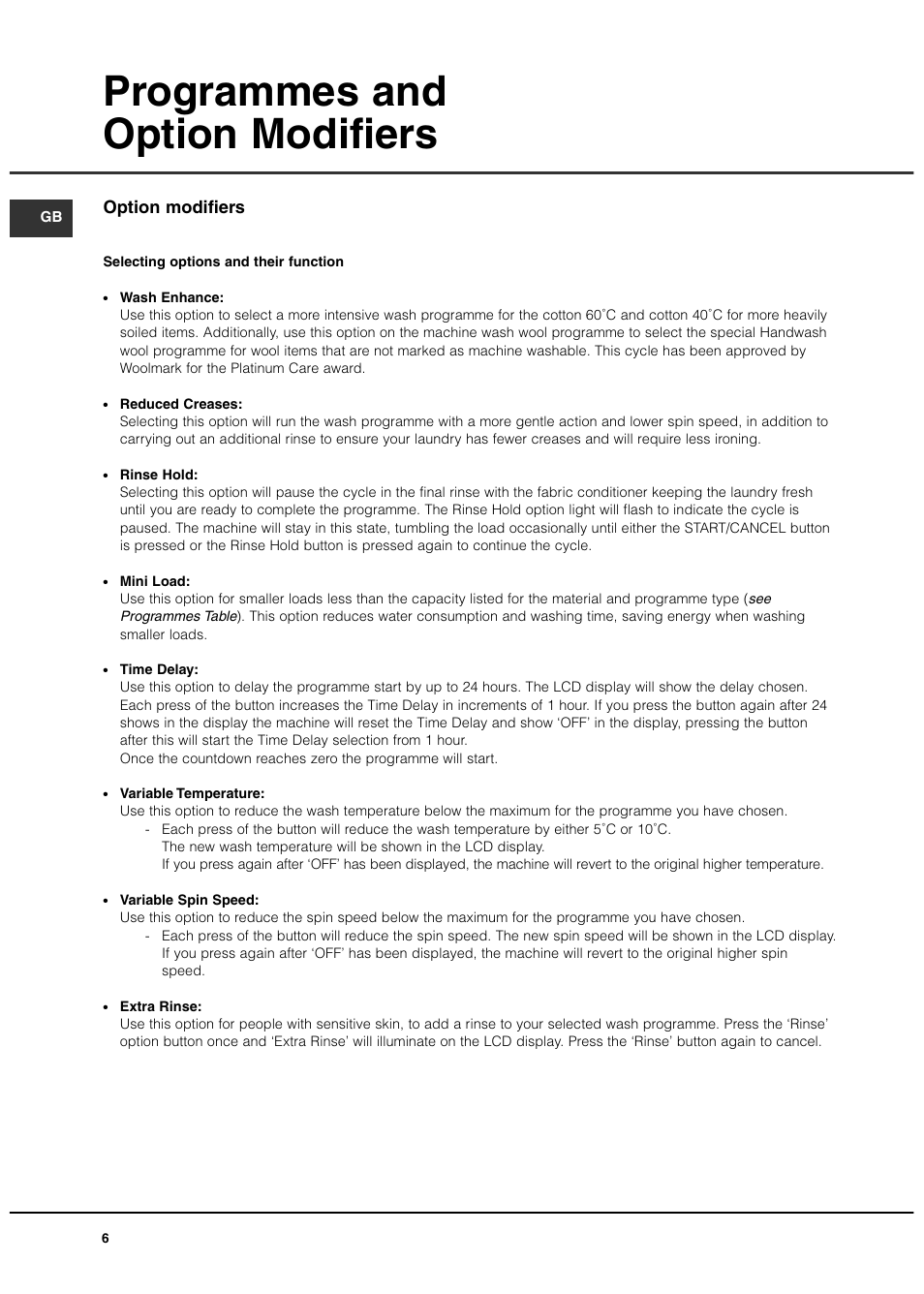 Programmes and option modifiers, Option modifiers | Hotpoint 7kg Ultima User Manual | Page 6 / 16