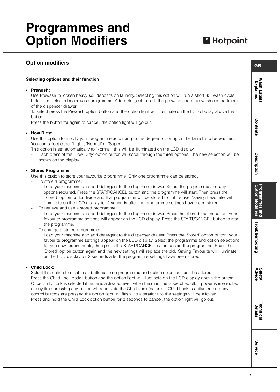 Programmes and option modifiers, Option modifiers | Hotpoint 7kg Ultima User Manual | Page 7 / 16