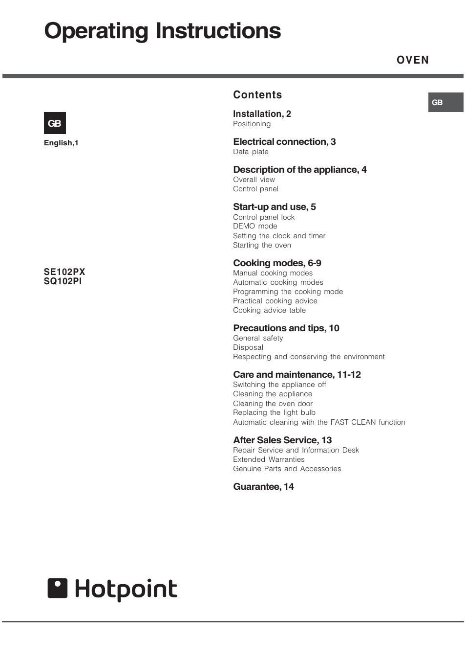 Hotpoint SE102PX User Manual | 16 pages