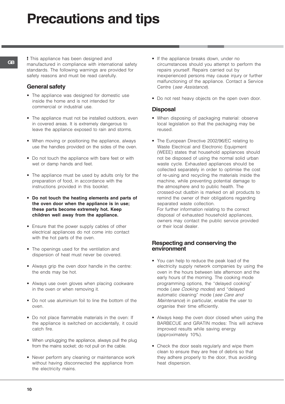 Precautions and tips, General safety, Disposal | Respecting and conserving the environment | Hotpoint SE102PX User Manual | Page 10 / 16