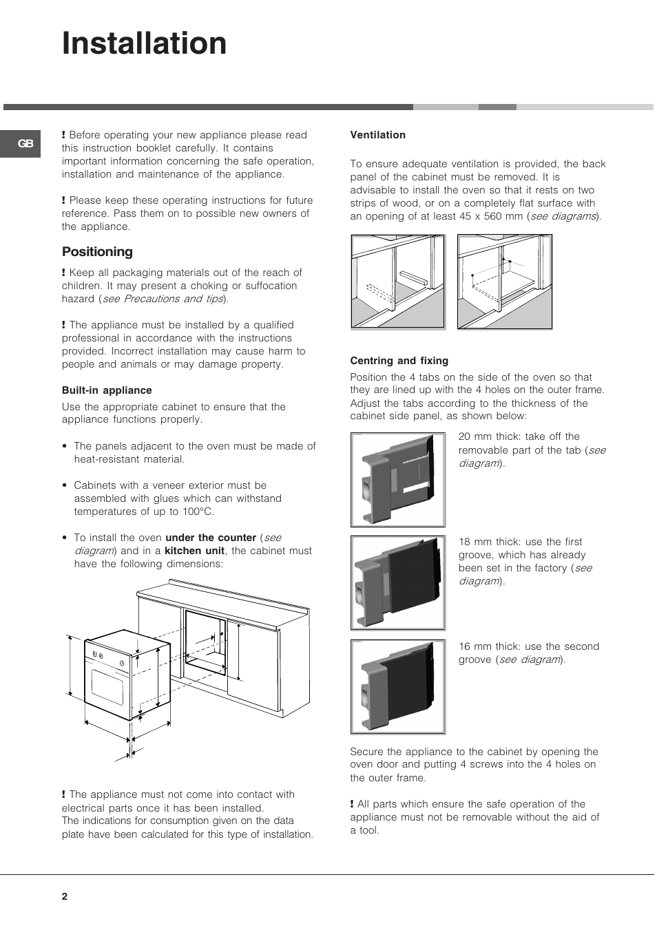 Installation, Positioning | Hotpoint SE102PX User Manual | Page 2 / 16