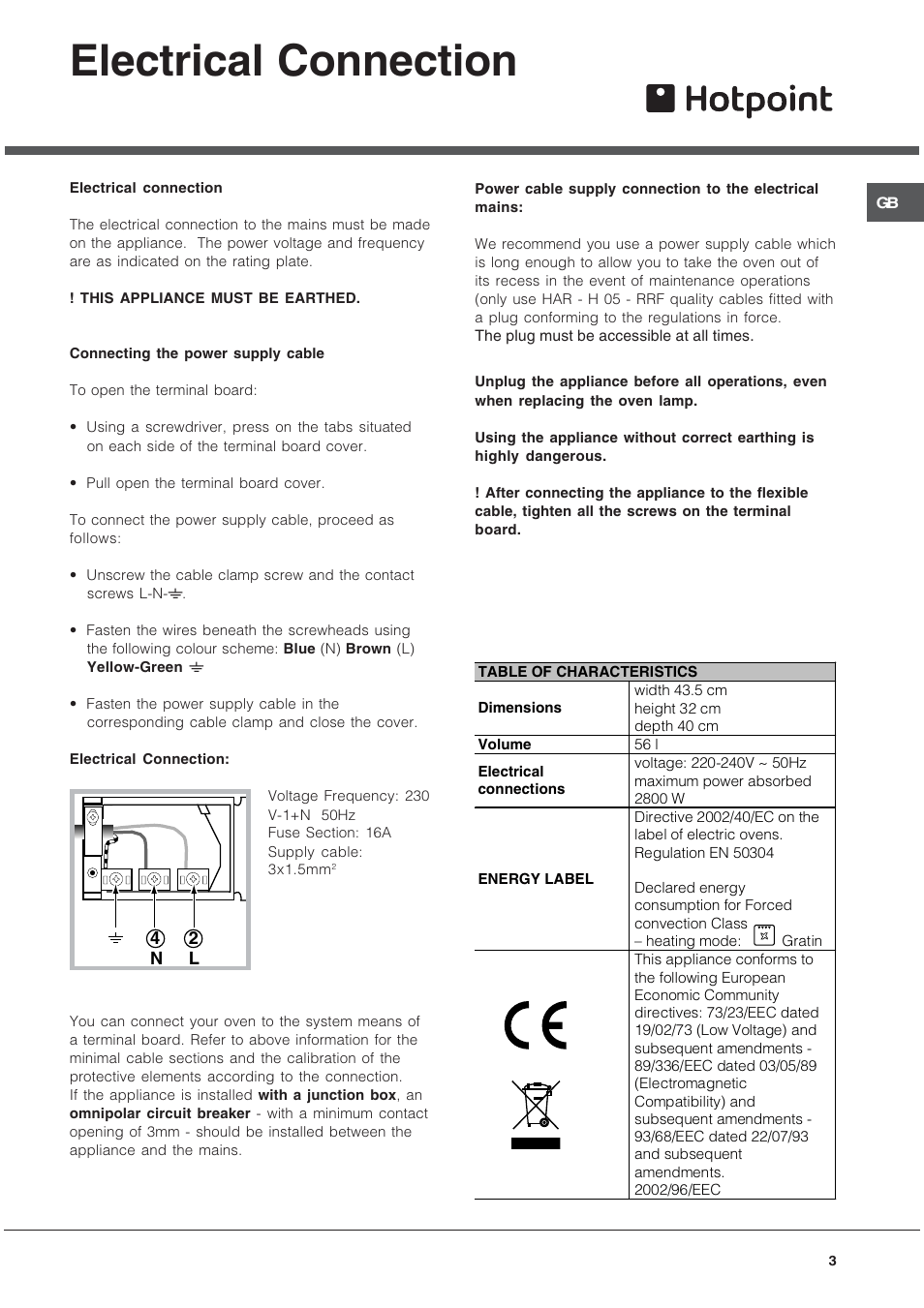 Electrical connection | Hotpoint SE102PX User Manual | Page 3 / 16