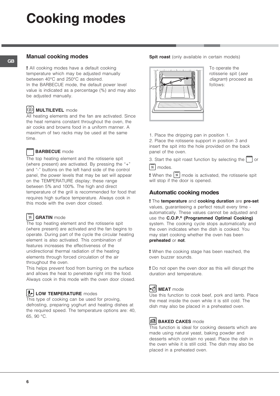 Cooking modes, Manual cooking modes, Automatic cooking modes | Hotpoint SE102PX User Manual | Page 6 / 16