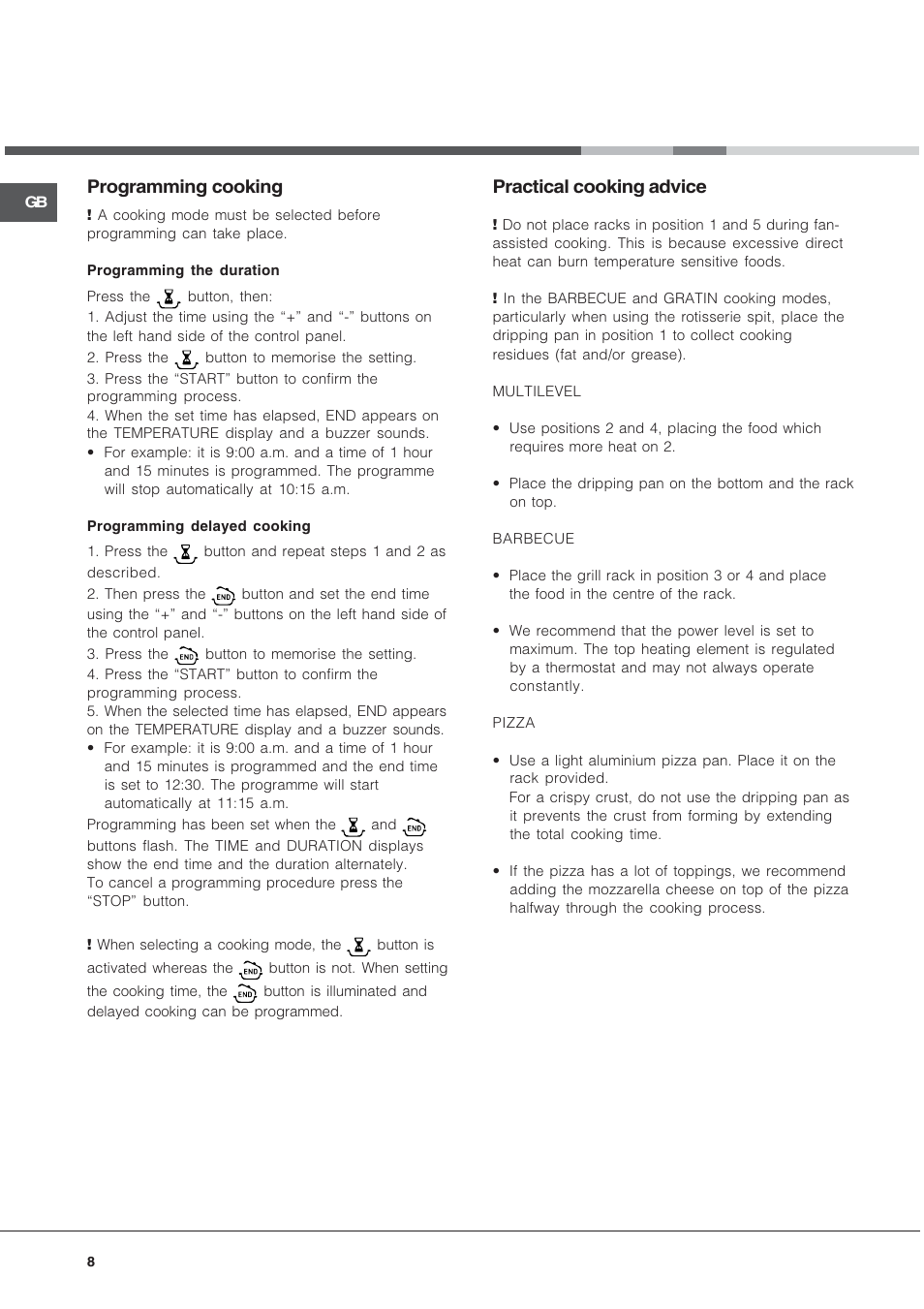 Programming cooking, Practical cooking advice | Hotpoint SE102PX User Manual | Page 8 / 16