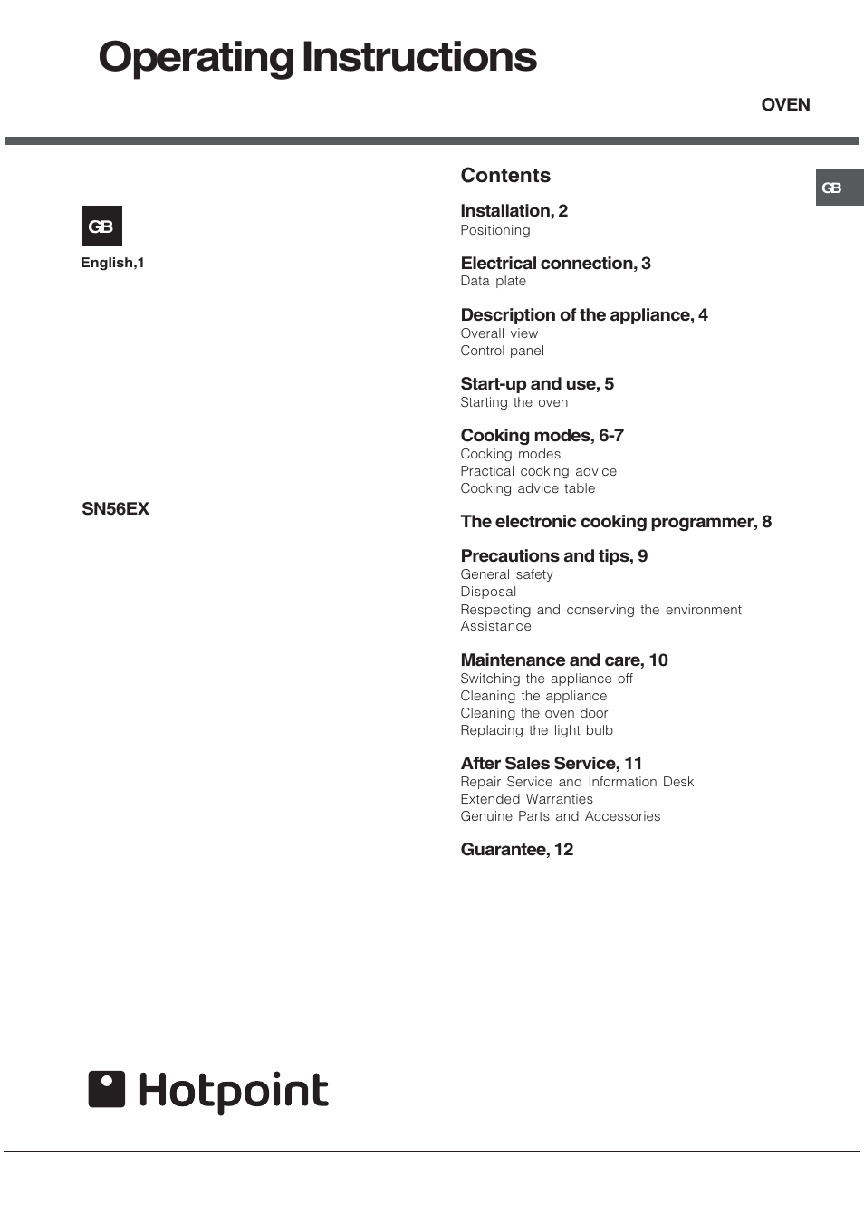 Hotpoint SN56EX User Manual | 12 pages