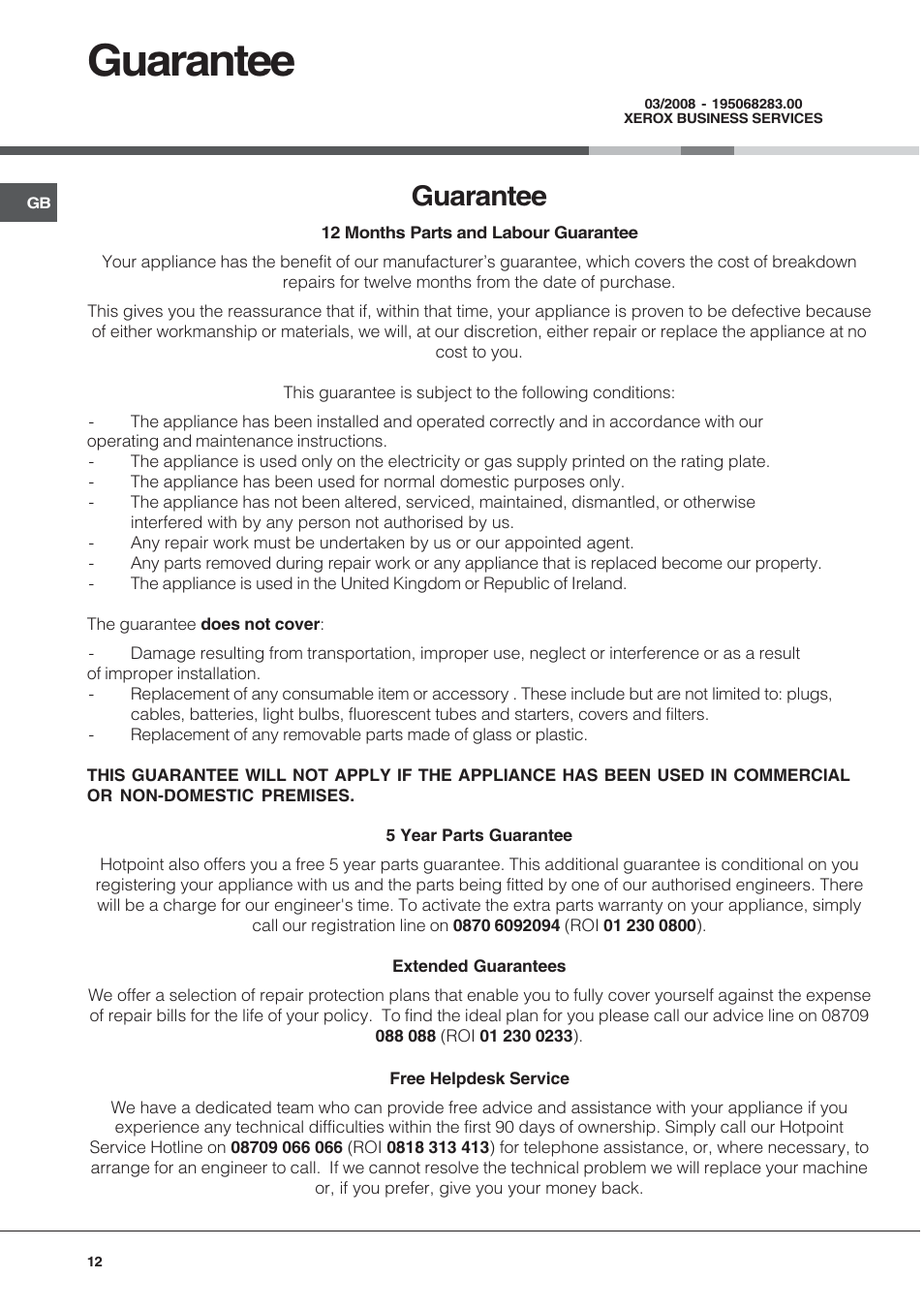 Guarantee | Hotpoint SN56EX User Manual | Page 12 / 12