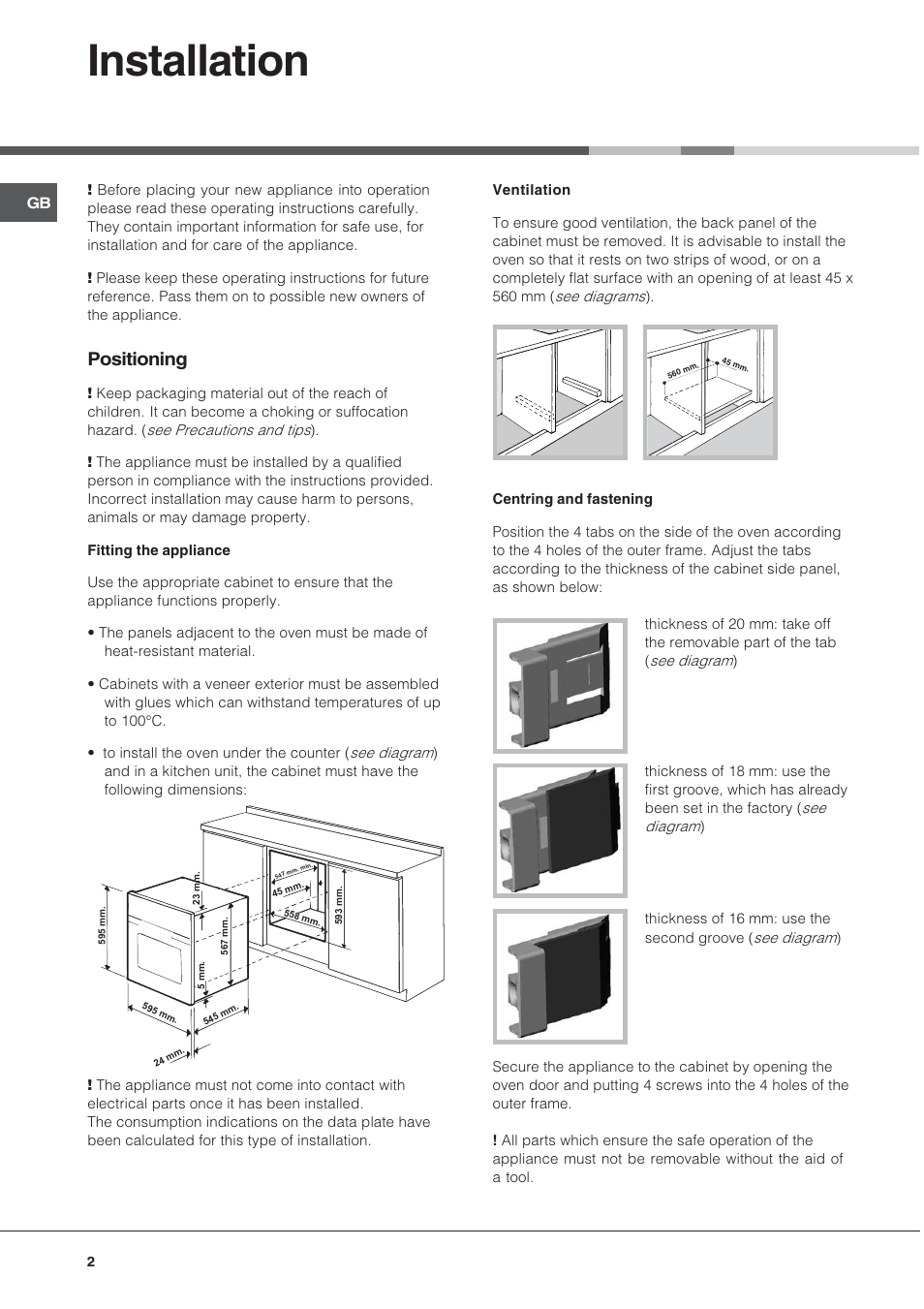 Installation, Positioning | Hotpoint SN56EX User Manual | Page 2 / 12