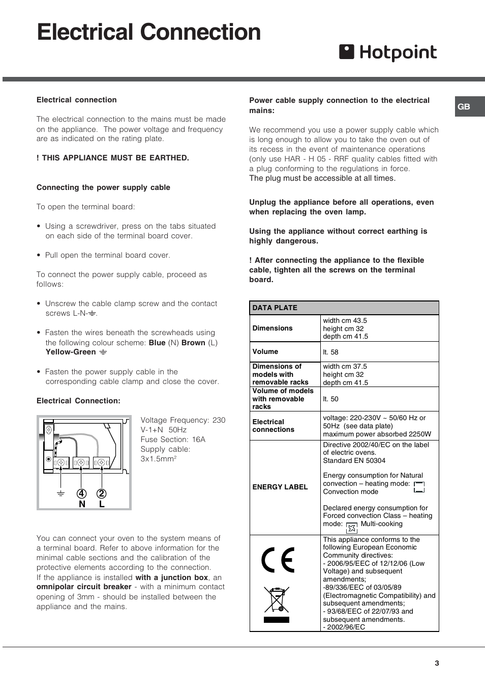 Electrical connection | Hotpoint SN56EX User Manual | Page 3 / 12