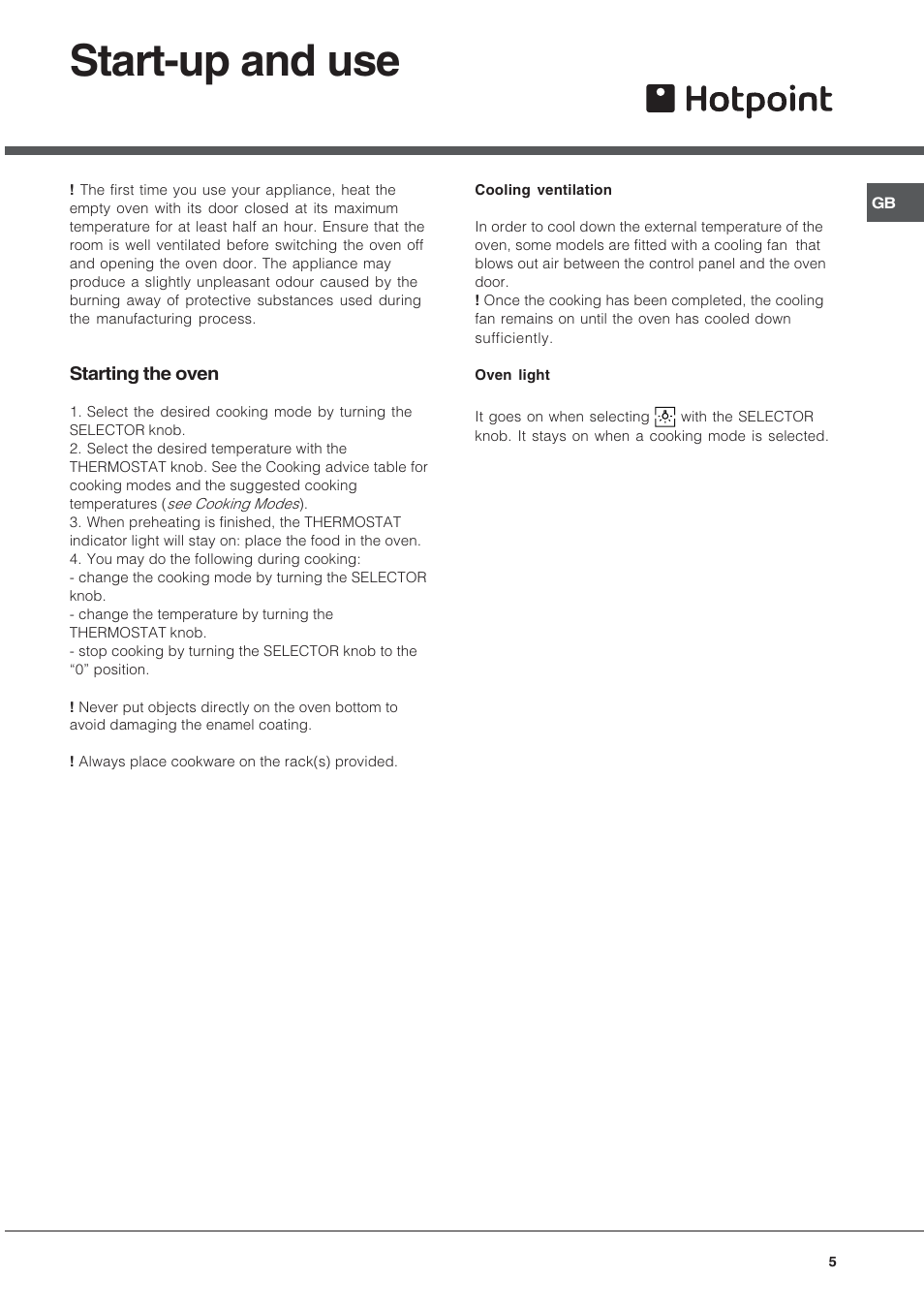 Start-up and use | Hotpoint SN56EX User Manual | Page 5 / 12