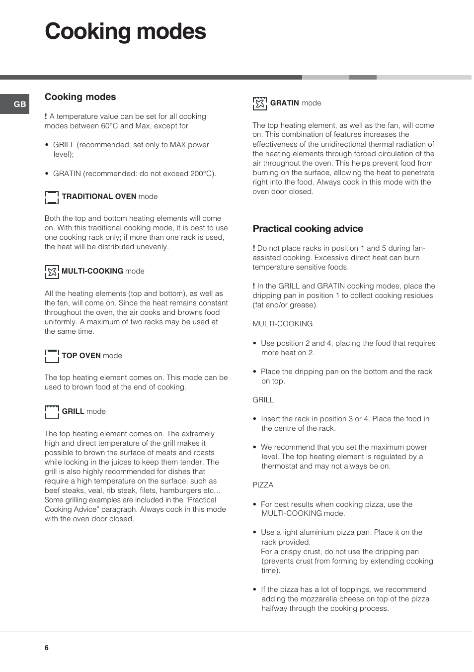 Cooking modes, Practical cooking advice | Hotpoint SN56EX User Manual | Page 6 / 12
