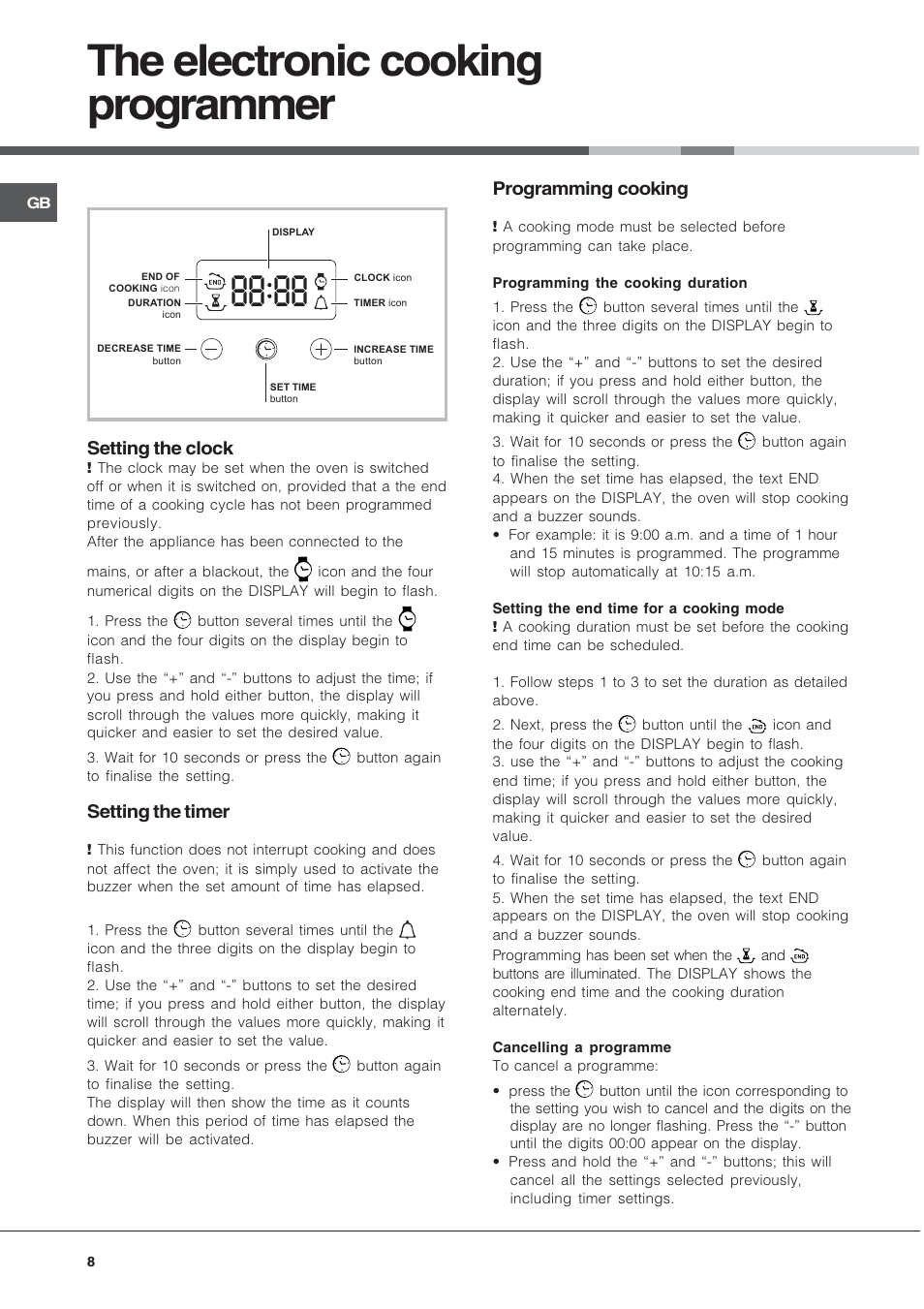 The electronic cooking programmer, Setting the clock, Setting the timer | Programming cooking | Hotpoint SN56EX User Manual | Page 8 / 12