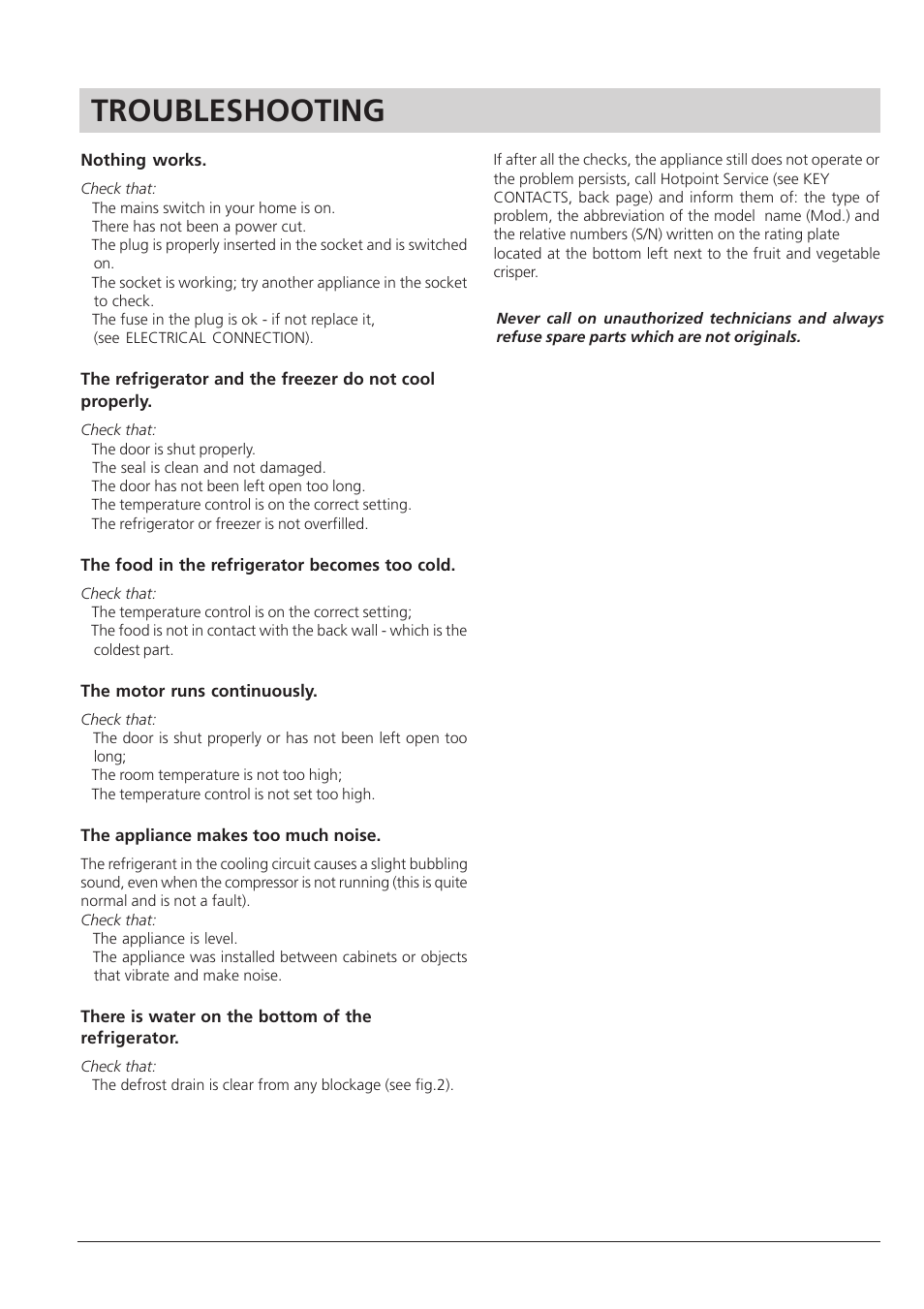 Troubleshooting | Hotpoint RSA 21 User Manual | Page 12 / 16