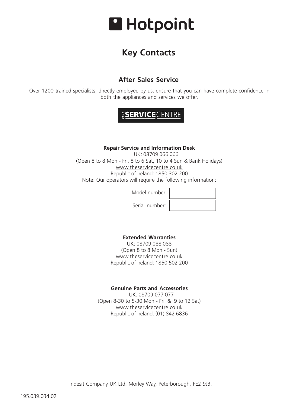 Key contacts, After sales service | Hotpoint RSA 21 User Manual | Page 16 / 16