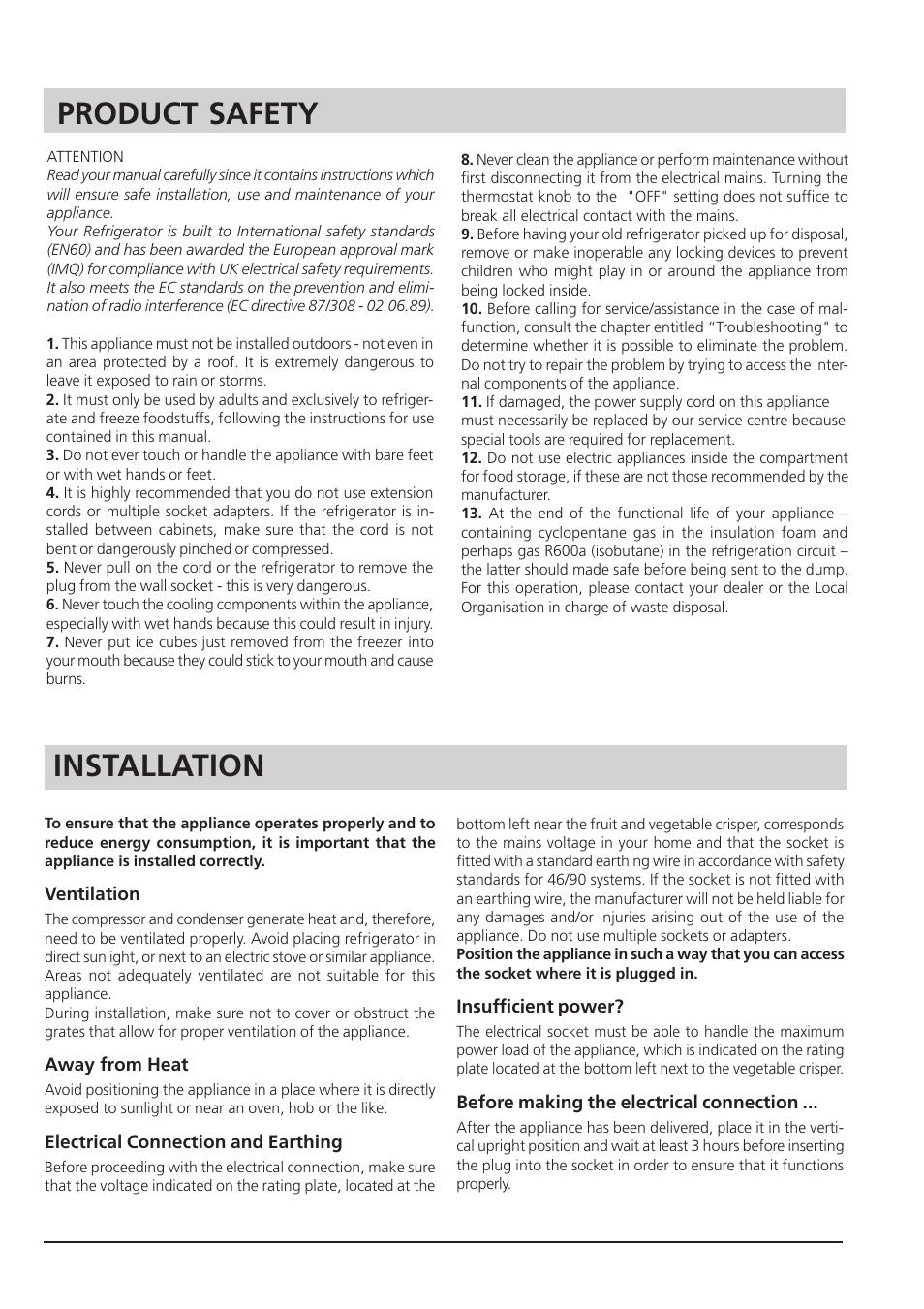 Installation, Product safety | Hotpoint RSA 21 User Manual | Page 3 / 16