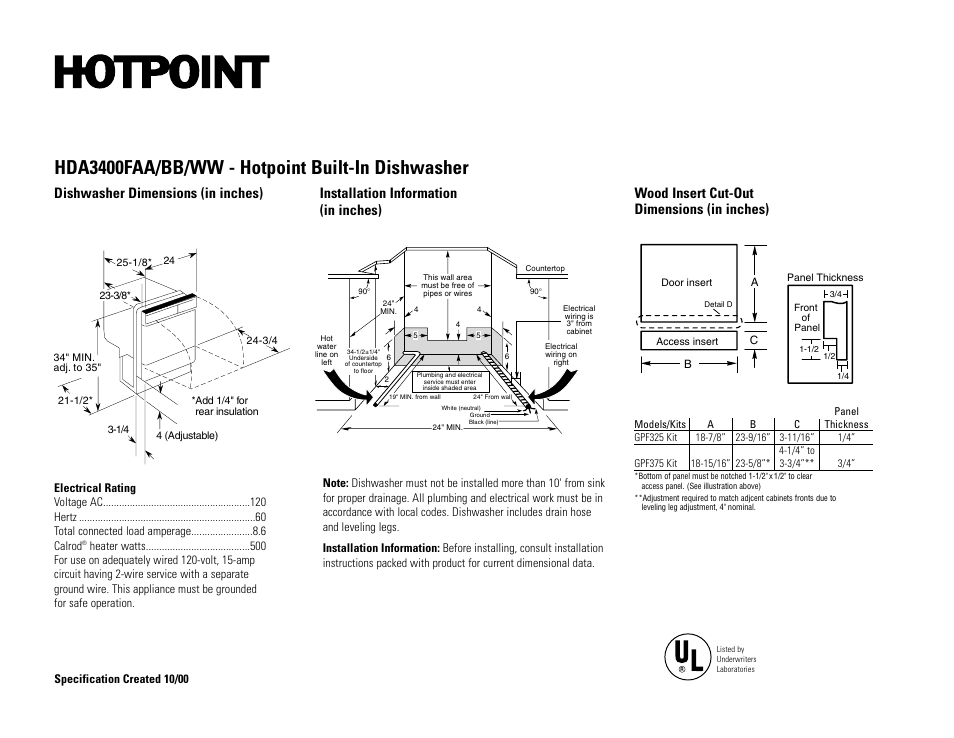 Hotpoint HDA3400FBB User Manual | 2 pages