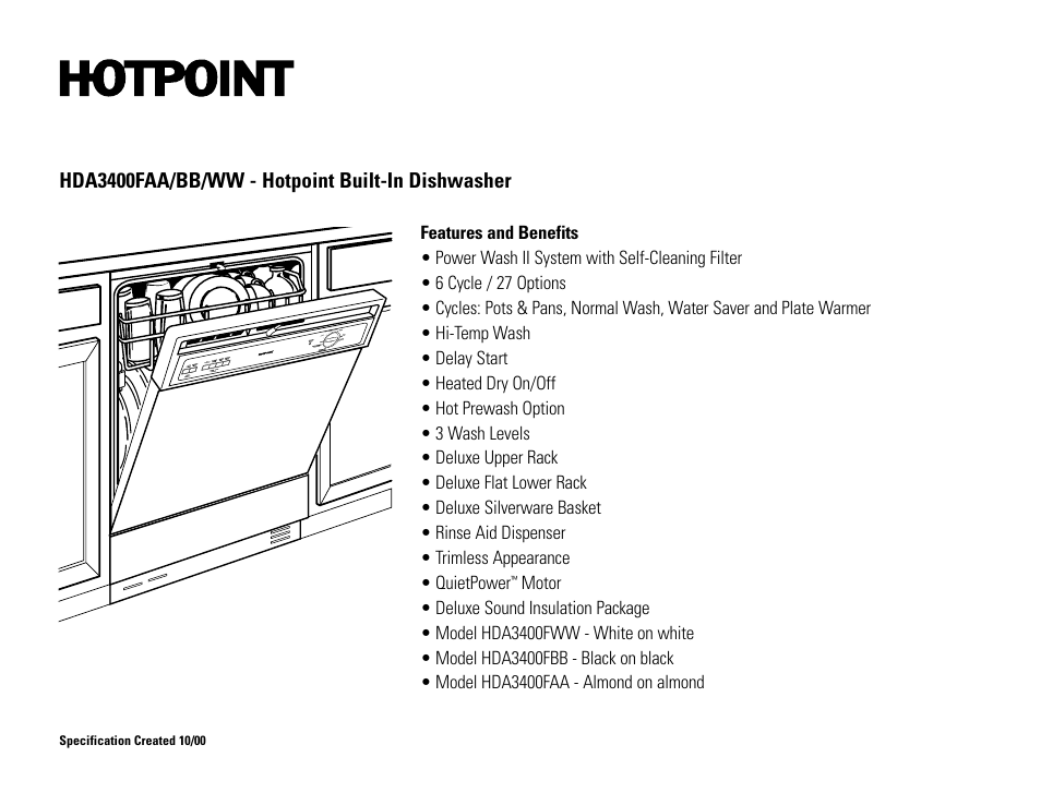 Hda3400faa/bb/ww - hotpoint built-in dishwasher | Hotpoint HDA3400FBB User Manual | Page 2 / 2